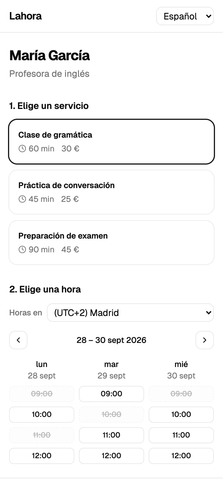 Un cliente elige una hora libre en la página de reservas desde el móvil