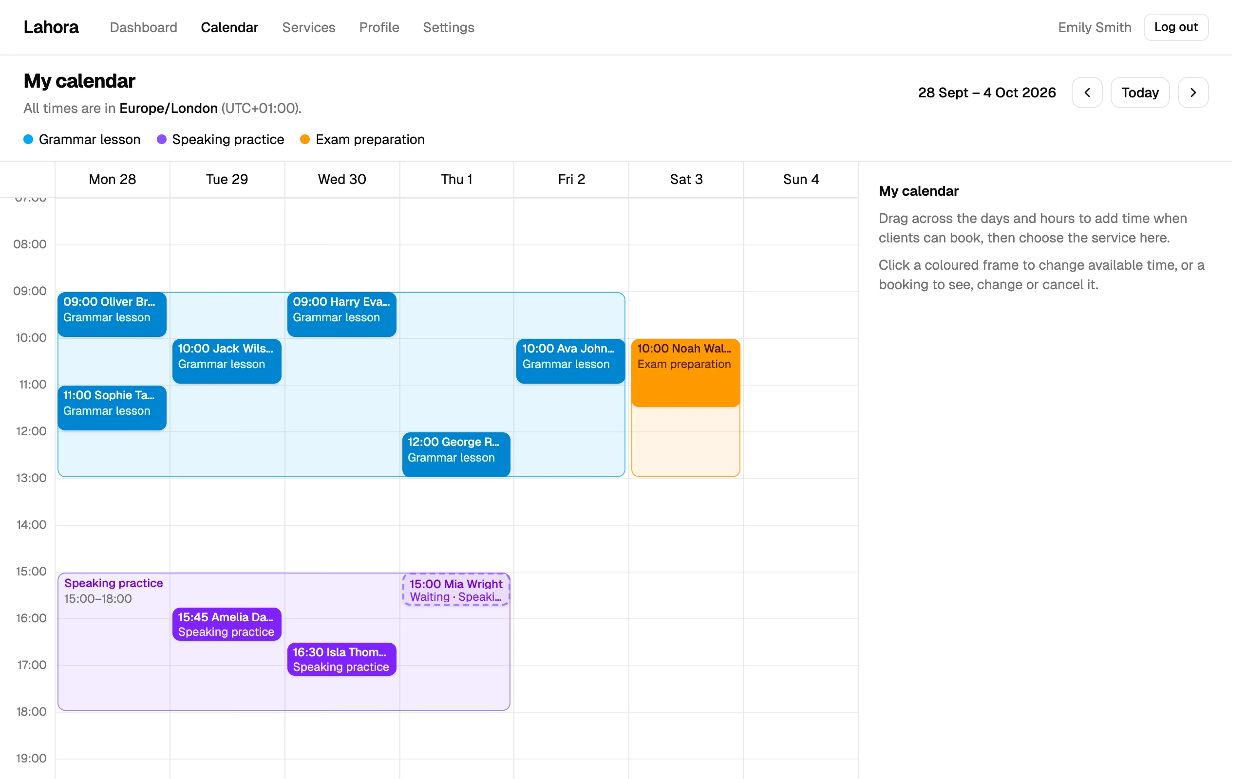 A specialist's week in My calendar: free times and bookings of three services