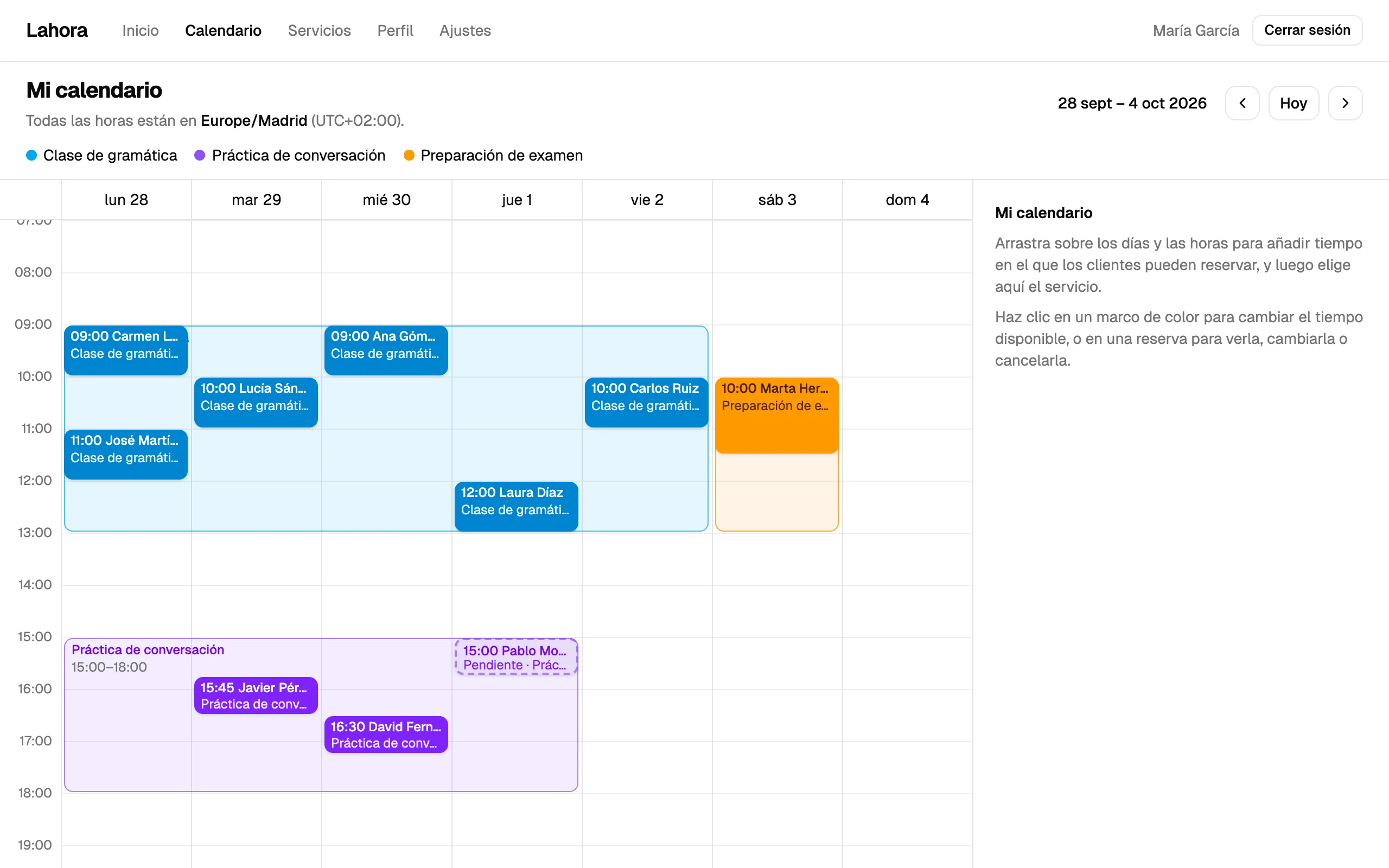 La semana de un especialista en Mi calendario: horas libres y reservas de tres servicios